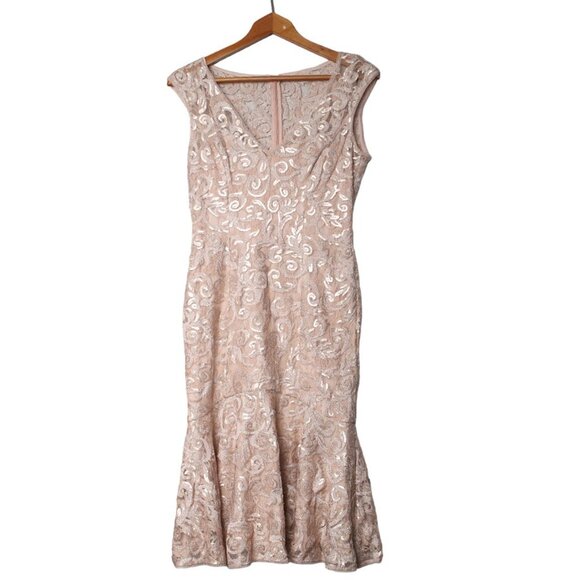 Adrianna Papell Lace Sequin Evening Dress Fit Flare Sleeveless Pink Nude - Picture 4 of 13